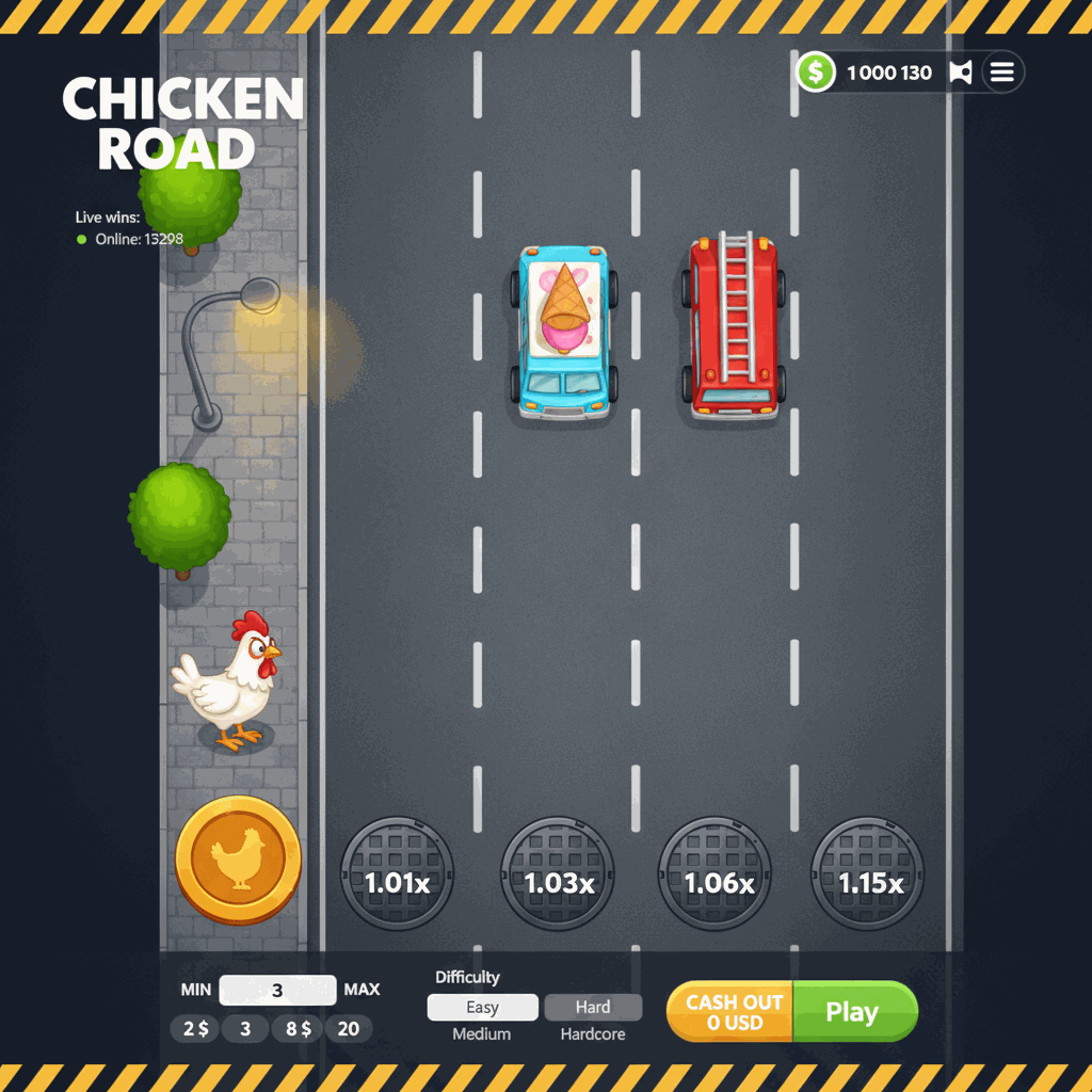 Écran de jeu Chicken Road montrant un poulet blanc prêt à traverser une route à plusieurs voies vue de dessus, avec des manches de regard affichant les multiplicateurs progressifs sur chaque voie, dans un style cartoon urbain avec trottoir, lampadaires et arbres verts